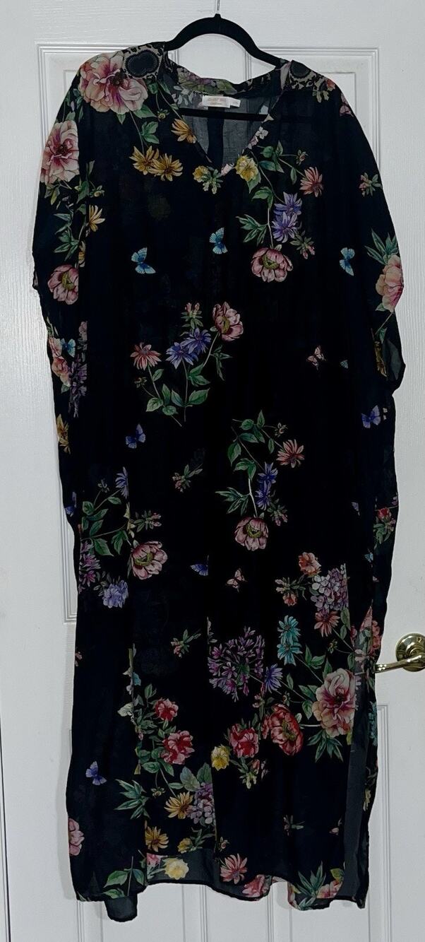Johnny Was California Black Butterfly Collared Long Kaftan Dress Cover up L/XL
